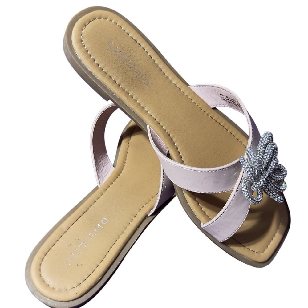 Andiamo Bow Slide Sandals Women 8 Pink Rhinestone Square Toe Flat Dressy Summer